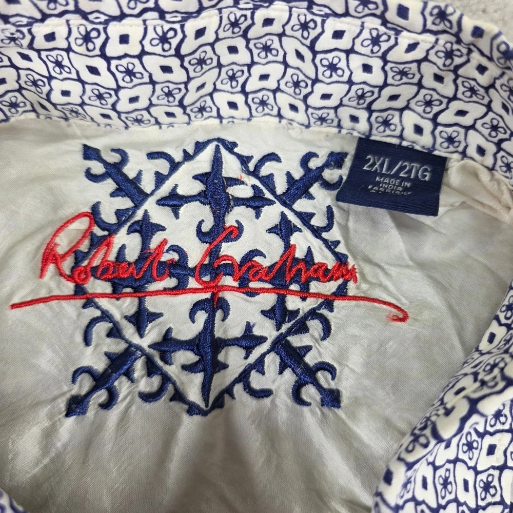 Robert Graham Mens 2XL Short Sleeve Button Down Shirt Blue White Geometric‎